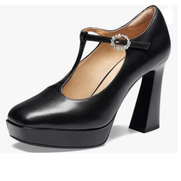 Black Square Toe T-Strap Rhinestone Buckle Platform Super Chunky High Heel Pumps - Picture 1 of 8